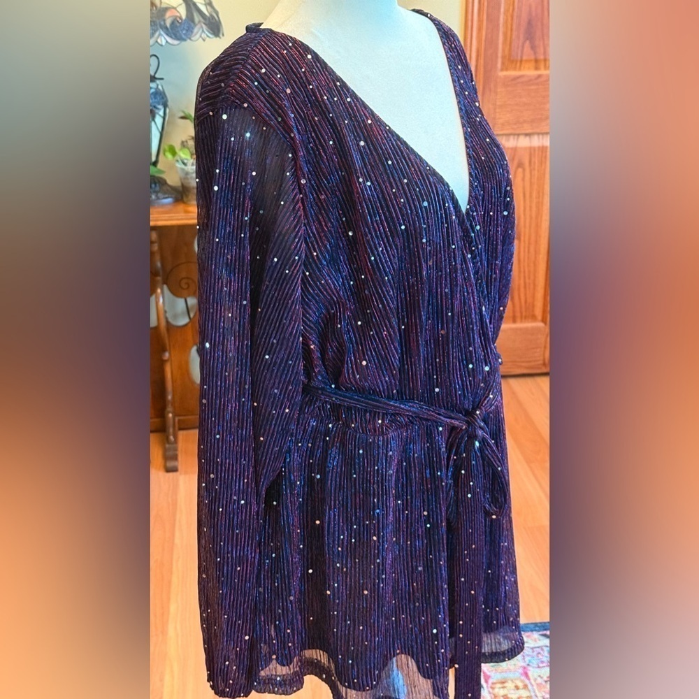 NWT Bloomchic Sequin Mesh Lantern Sleeve Belted Striped Blouse 22-24 Stretch - Picture 6 of 16